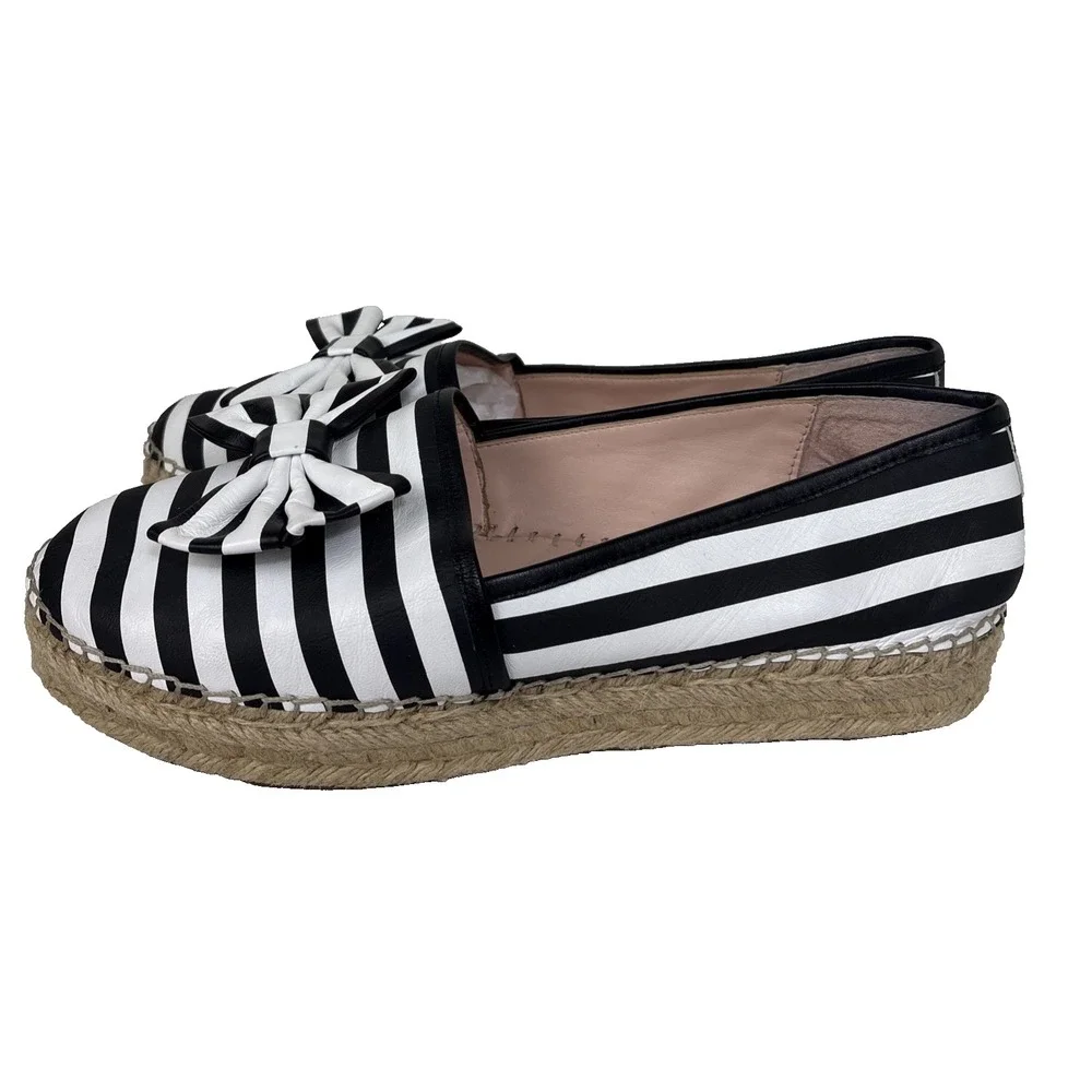 Kate Spade Linds Bow Espadrille Striped Womens 10 Shoes Black White Preppy